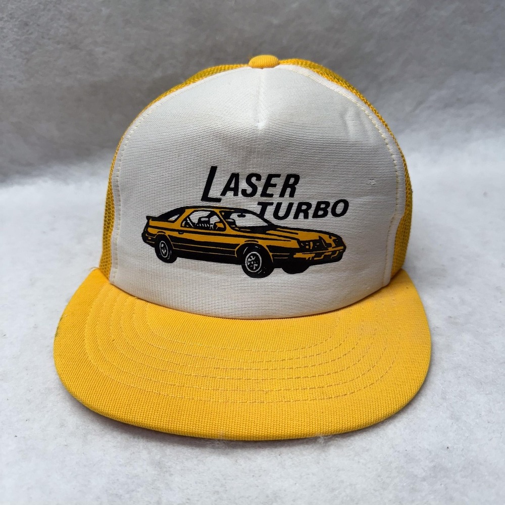 VINTAGE Laser Turbo Hat‎ Cap Snap Back Yellow White Trucker Car Graphic Mens 80s